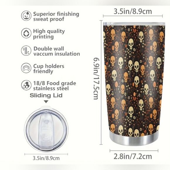 Spooky Chic Skull & Floral Double Wall Insulated Tumbler with Sliding Lid - 20oz - Picture 2 of 5